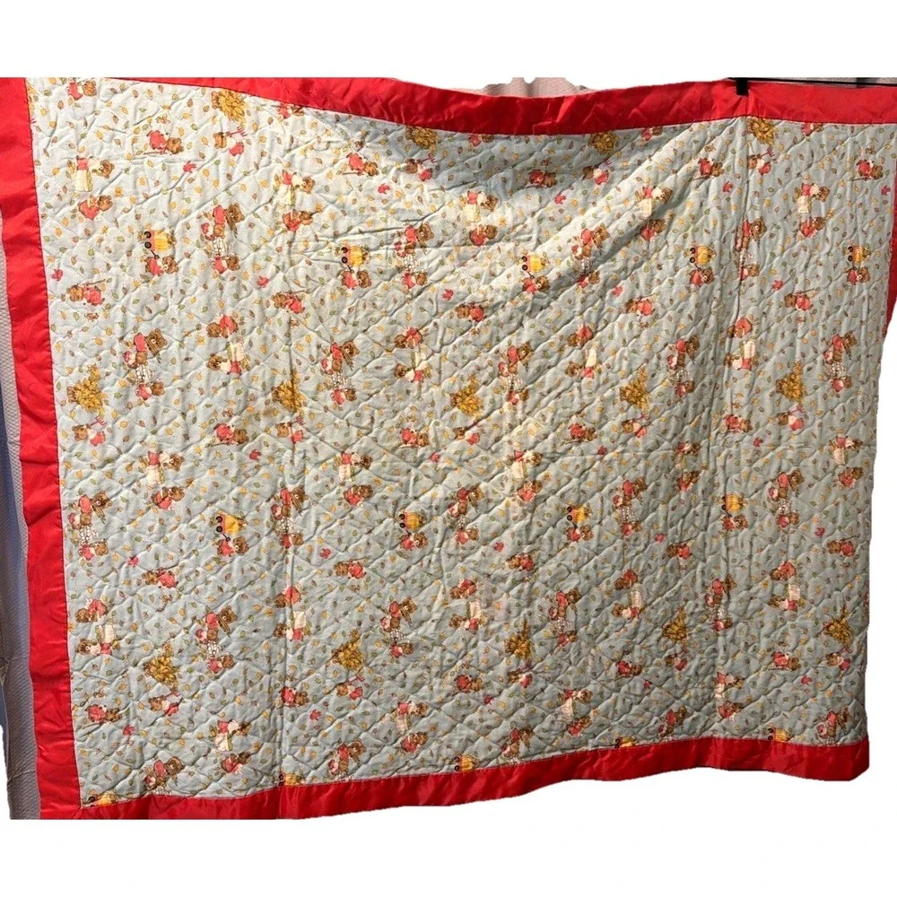 Vintage Handmade Baby Blanket Teddy Bear Fall Autumn Blue Red Crib Stroller